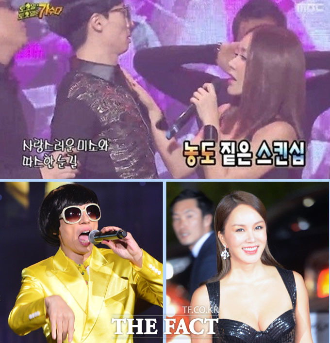 유재석 엄정화가 환상의 콤비 무대를 꾸몄다. 유재석 엄정화는 포이즌 무대에서 앞서 v맨으로 활동했던 김종민 뺨 치는 무대를 꾸며 눈길을 끌었다. / MBC 무한도전 방송화면 캡처, 더팩트DB