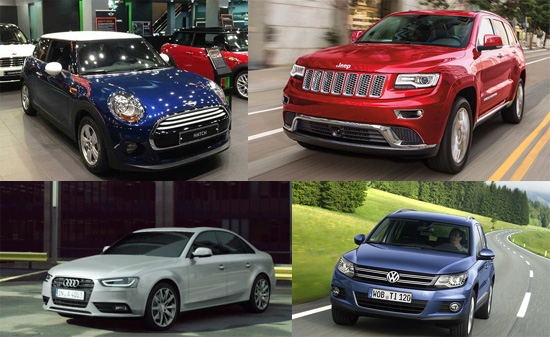 산업통상자원부가 수입차 4종에 대해 300만~400만 원의 과태료를 부과한다고 7일 밝혔다. BMW 미니쿠퍼, 크라이슬러 지프 그랜드체로키, 폭스바겐 티구안, 아우디 A4(왼쪽 상단부터 시계방향). / 더팩트DB, 지프 홈페이지 캡처, 폭스바겐 제공, 아우디 홈페이지 캡처