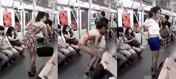 유튜브 영상 속 여자는 달리는 지하철 안에서 뻔뻔스럽게 옷을 갈아 입었다. /유튜브 영상 캡처