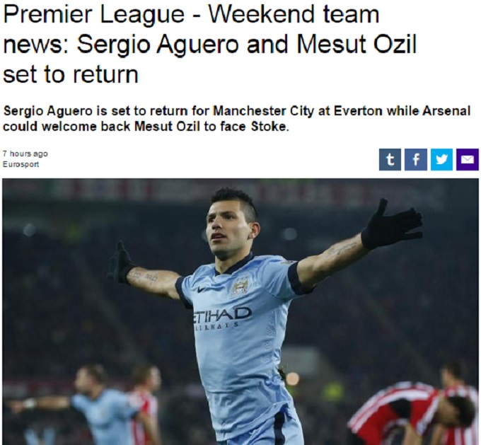 유로스포트가 10일 아게로와 외질의 복귀가 임박했다고 보도했다. / 유로스포트 홈페이지 캡처