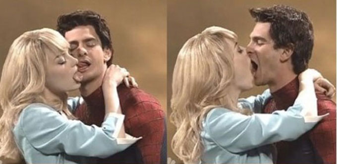 엠마 스톤이 남자 친구인 앤드류 가필드와 함께 패러디한 키스신이 새삼 화제다. 엠마 스톤은 어메이징 스파이더맨에 출연하며 앤드류 가필드와 연인으로 발전했다. /미국 SNL 방송 화면 캡처