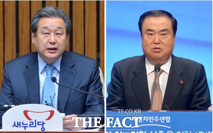 김무성(왼쪽) 새누리당 대표와 문희상 새정치민주연합 비상대책위원장 등 여야 지도부는 15일 오전 회동해 2월 임시국회에서 이른바 김영란법을 우선 처리하는데 뜻을 모았다./문병희 기자