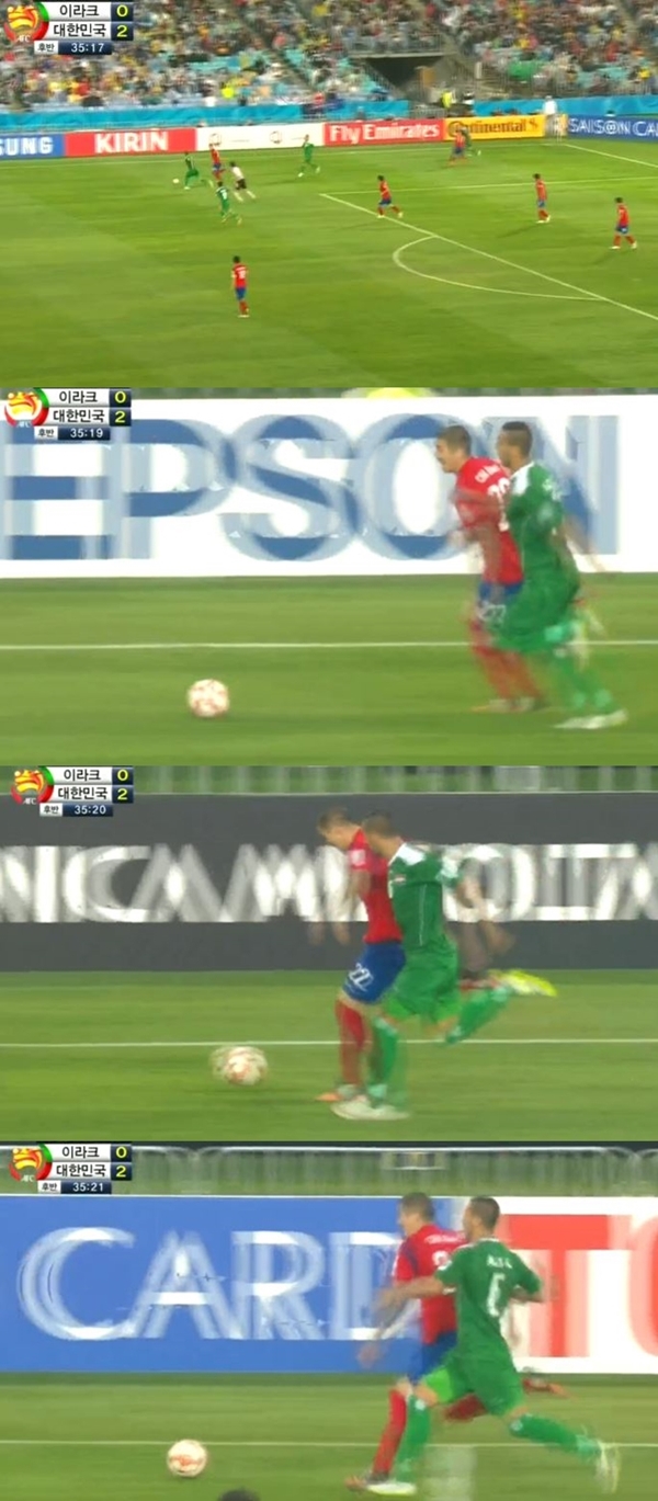 차두리가 26일 이라크와 4강전에서 폭풍 드리블로 상대 수비진을 괴롭혔다. / KBS 방송 캡처