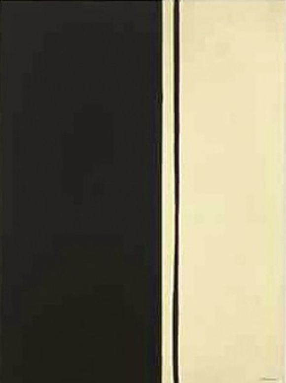 사상 최고가 추상화, 바넷 뉴먼의 블랙파이어1. 사상 최고가 추상화의 가격이 910억 원으로 알려졌다. 사상 최고가 추상화는 검은색과 연노란색의 화면에 달랑 검은 수직선 하나로 이뤄져 있다. / 바넷 뉴먼 블랙파이어1