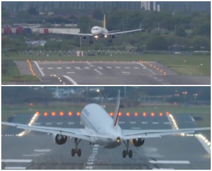 활주로에 비스듬히 착륙. 영국 데일리메일는 지난 27일(현지 시각) 세상에서 가장 큰 A380 비행기가 맨체스터공항 활주로에 접어들면서 비스듬히 착륙하는 극적인 장면을 연출했다고 28일 보도했다./영국 데일리메일 홈페이지 영상 화면 갈무리