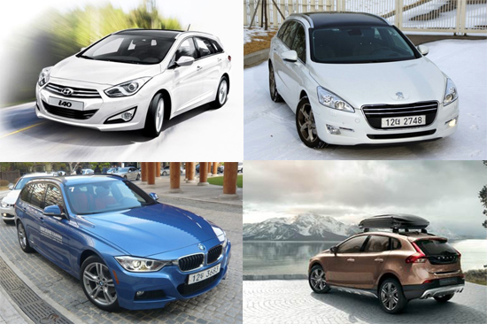왜건의 국내 시장 약진 가능성은? 국내 자동차 시장에 출시된 왜건 모델, 현대자동차의 i40 왜건, 푸조의 308 SW, 볼보의 크로스컨트리, BMW 3시리즈 투어링(왼쪽 상단부터 시계방향으로) / 현대자동차, 푸조, 볼보, BMW 제공