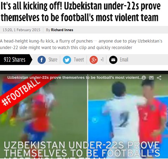 킹스컵 우즈벡 선수의 폭행에 대한축구협회가 공식 항의 서한을 보내겠다고 밝혔다. 킹스컵 우즈벡의 깡패축구는 해외 언론의 비판을 받았다. / 데일리미러 홈페이지 캡처