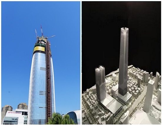 현대차 제2롯데월드 넘는 최고층 건물 짓는다 현대자동차그룹이 지난해 사들인 서울 삼성동 한전 대지에 잠실 제2롯데월드 월드타워동(왼쪽)보다 높은 초고층 건물을 세우겠다는 뜻을 밝히며 마천루 경쟁에 뛰어들었다. / 더팩트 DB, 서울시 제공