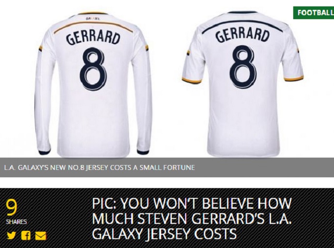 아일랜드 한 언론이 제라드 유니폼이 너무 비싸다고 6일 보도했다. / 아일랜드 언론 홈페이지 캡처