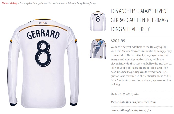 제라드 유니폼 22만 원 LA갤럭시가 스티븐 제라드의 유니폼을 204.99달러에 판매하고 있다. / LA갤럭시숍 홈페이지 캡처