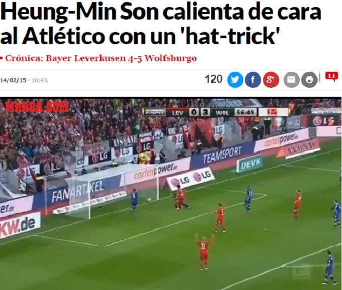 손흥민 경계 대상 1호 스페인 마르카가 손흥민(왼쪽) 해트트릭 동영상을 경계하며 아틀레티코 마드리드를 무너뜨릴 무기라고 15일 평가했다. / 스페인 마르카 홈페이지 캡처