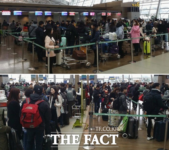 에스컬레이터를 타고 3층에 도착하는 순간 각 게이트별로 100m에 이르는 긴 줄이 늘어서 있고, 각 항공사 부스 앞은 티켓팅을 하기 위한 여행객들로 발 디딜 틈이 없다.