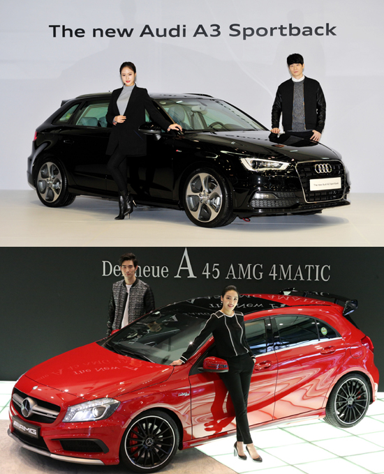수입차 업체, 점유율 높이기 한창 국내 진출한 수입차 업체들은 최근 소형차까지 들여오며 국내 점유율 높이기에 나섰다. 아우디의 프리미엄 콤팩트카 A3 스포트백(사진 위)과 벤츠의 프리미엄 콤팩트카 A45 AMG 4매틱. / 아우디, 벤츠 제공