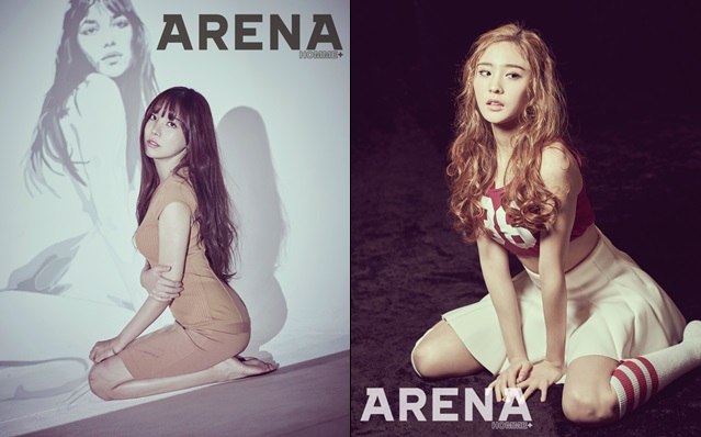 레이나-나현, 파격 변신. 애프터스쿨의 레이나(왼쪽)와 소나무 나현은 화보에서 색다른 매력을 발산했다. / 아레나 옴므 플러스 제공