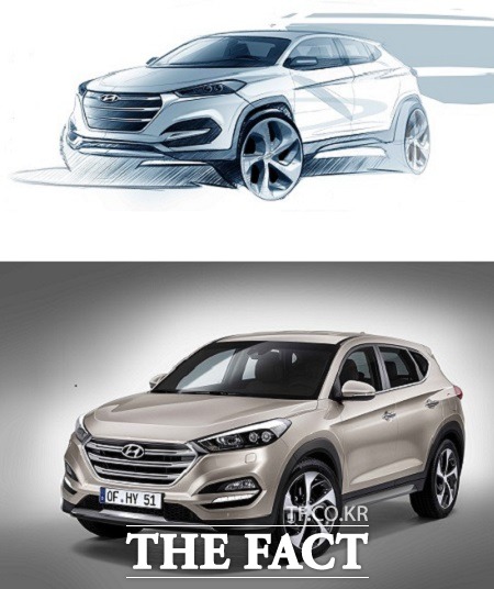호기심 자극 신차 렌더링 사전 마케팅 효과 톡톡  국내 완성차 업계에서 렌더링 이미지 공개가 효과적인 사전마케팅 수단으로 떠오르고 있다. 올 뉴 투싼 외관 렌더링(위쪽)과 유럽형 올 뉴 투싼 실제 디자인 / 현대자동차 제공