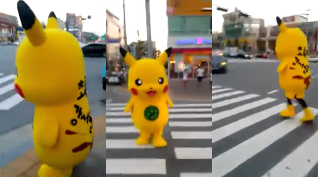 유튜브, 피카츄의 생존 본능. 유튜브에 올라온 피카츄 인형탈을 쓴 아르바이트생이 누리꾼들을 웃게 만들었다. 피카츄 아르바이트생은 유튜브 영상 속에서 초록불 신호에 맞추기 위해 결국 다리를 드러내고 전력질주했다. /유튜브 영상 캡처