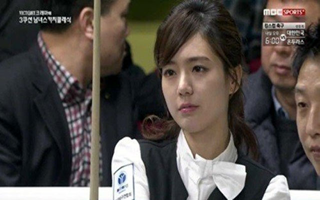 한주희 당구 실력은? 지난달 MBN은 한주희는 에버리지 0.4 수준의 당구 실력을 갖고 있다고 보도했다./ MBC SPORTS 방송 화면 캡처
