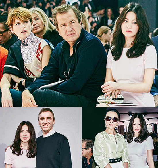 아시아 대표 미녀 송혜교(오른쪽 위)는 6일 오후(현지시각) 프랑스 파리에서 모델 스텔라테넌트(왼쪽 위), 사진작가 마리오테스티노(중간 위)와 함께 디올 2015 FW 콜렉션을 감상하고 있다./엘르 제공