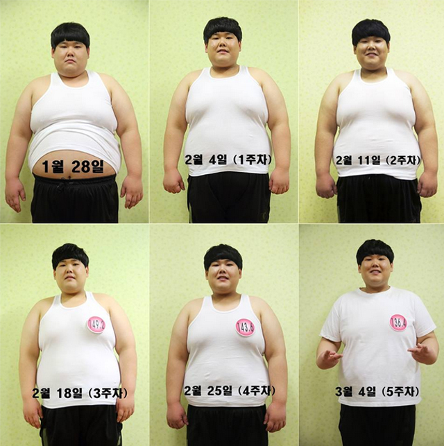 개그맨 김수영의 변화. 김수영이 5주 만에 36kg을 감량해 시청자들을 놀라게 만들었다. 8일 방송된 개그콘서트에서 김수영의 체중은 132.2kg을 기록했다. /개그콘서트 페이스북 캡처