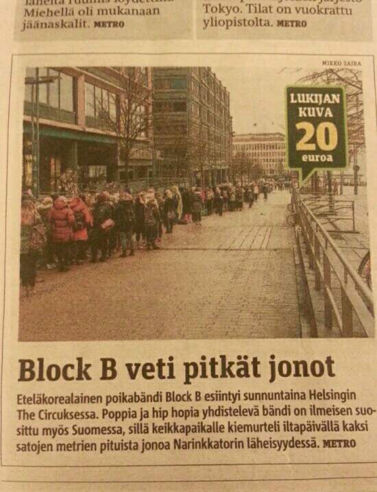 블락비 핀란드 신문 장식 블락비 공연을 보도하고 있는 유럽 신문. /핀란트 메트로 신문