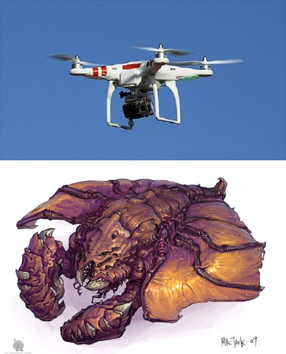 드론이란, 스타크래프트 일꾼 덩달아 회자 드론이란 사람이 타지 않은 채 무선전파로 조종할 수 있는 무인항공기다. / 네이버 캐스트, starcraft-source 캡처