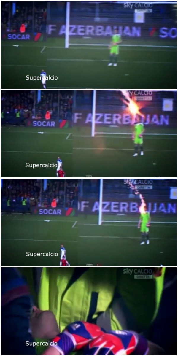 정신잃은 아킨페프 러시아 대표팀 골키퍼 이고르 아킨페프가 28일 열린 몬테네그로와 경기 시작과 동시에 관중이 던진 화염에 맞아 정신을 잃고 후송되고 있다. / 유튜브 영상 캡처