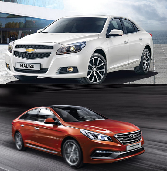 신형 말리부 vs 쏘나타 터보 신형 말리부(위)와 쏘나타 터보의 제원이 누리꾼들의 관심을 받고 있다. /쉐보레, 현대자동차 홈페이지 갈무리
