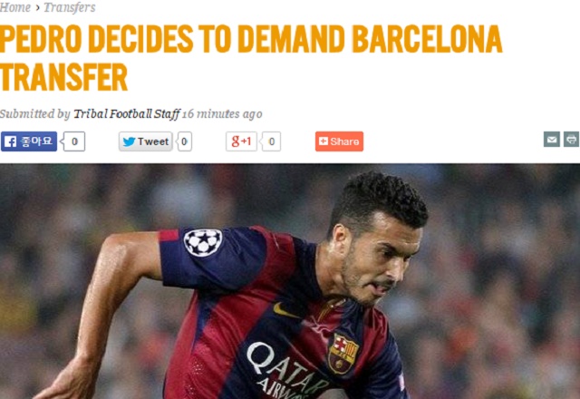 주전을 원해! 주전 경쟁에서 밀린 페드로가 이번 시즌을 끝으로 FC 바르셀로나를 떠난다고 12일 스페인 마르카가 보도했다. / 트라이벌풋볼 홈페이지 캡처