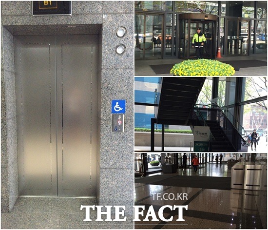 SK그룹 본사는 휠체어를 이용해 출입문과 엘리베이터를 이용하기 어려울 정도로 장애인 편의시설 마련이 미흡했다. /황진희 기자