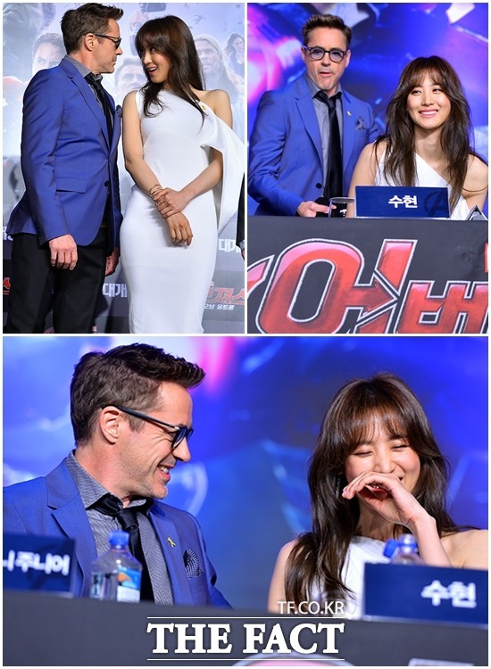 수현이는 내가 지켜 할리우드 배우 로버트 다우니 주니어(왼쪽)와 수현이 17일 오전 서울 영등포구 여의도 콘래드호텔에서 열린 어벤져스:에이지 오브 울트론 내한 기자회견에 다정하게 이야기를 나누며 참석하고 있다./김슬기 기자