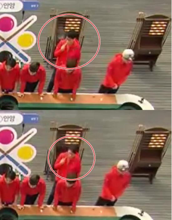 SBS 왜 이러나  지석진이 SBS 런닝맨 녹화 중 전자담배를 피우는 듯한 장면이 그대로 전파를 탔다. /런닝맨 방송 캡처