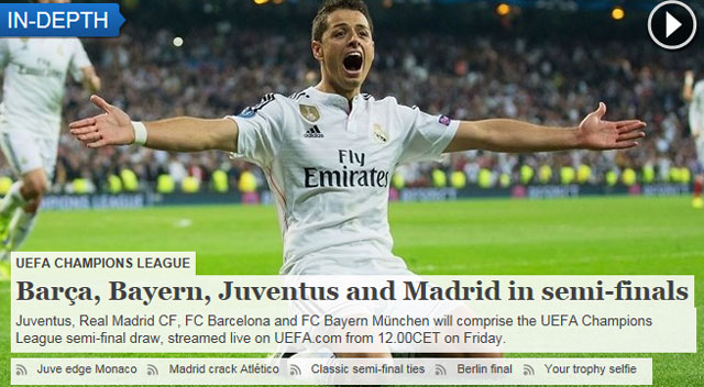 치차리토 결승골! 레알마드리드 아틀레티코마드리드 챔피언스리그 경기에서 치차리토가 결승골을 작렬했다. /유럽축구연맹 홈페이지 캡처