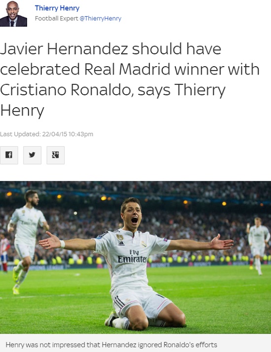 주위를 둘러봐! 앙리가 23일 산티아고 베르나베우에서 열린 2014~2015시즌 UEFA 챔피언스리그 8강 2차전 아틀레티코와 홈 경기에서 결승골을 넣은 에르난데스에게 유감을 표시했다. / 스카이스포츠 캡처