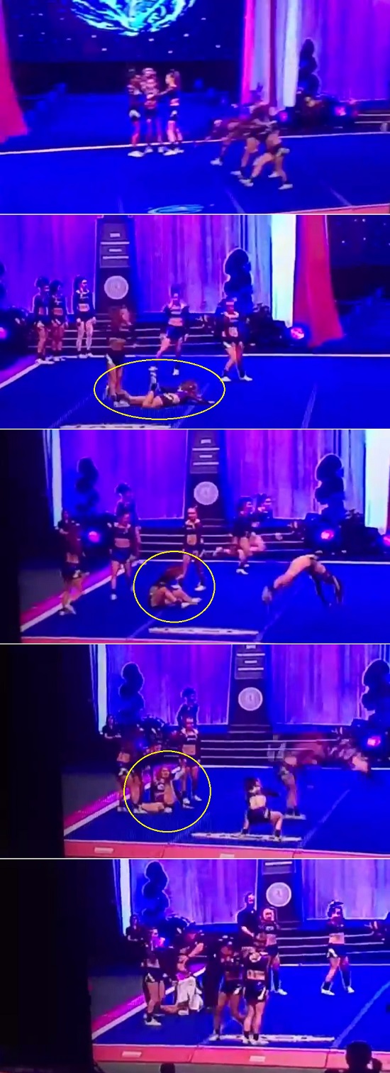 한 치어리더가 2015 치어리딩 & 댄스 월드 챔피언십에서 다리가 꺾이는 치명적인 상처를 입었다. / 유튜브 영상 캡처