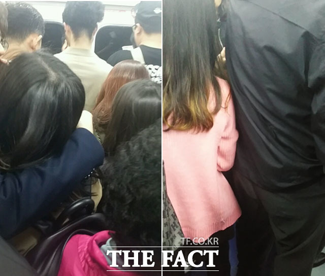 밀착할 수밖에 없는 퇴근길 지하철 27일 오후 7시, 지하철 2호선 안은 발 디딜 틈 하나 없이 사람들로 가득 차 있었다. /사당역=이성락 기자