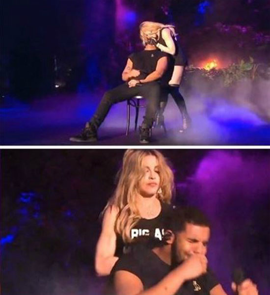 드레이크 마돈나 공연. 드레이크(29)가 마돈나(57)와 키스 퍼포먼스 후에 구토를 하는 듯한 모습을 보였다. /유튜브 영상 캡처
