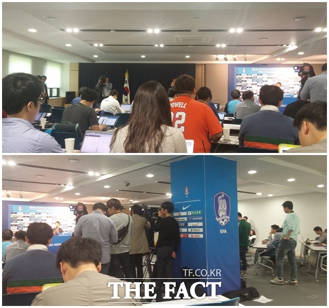 이른 시간에도 취재진은 만원 여자 대표팀 명단 공개 기자회견장을 찾은 취재진이 축구회관을 가득 채우고 있다. / 축구회관 = 이현용 기자