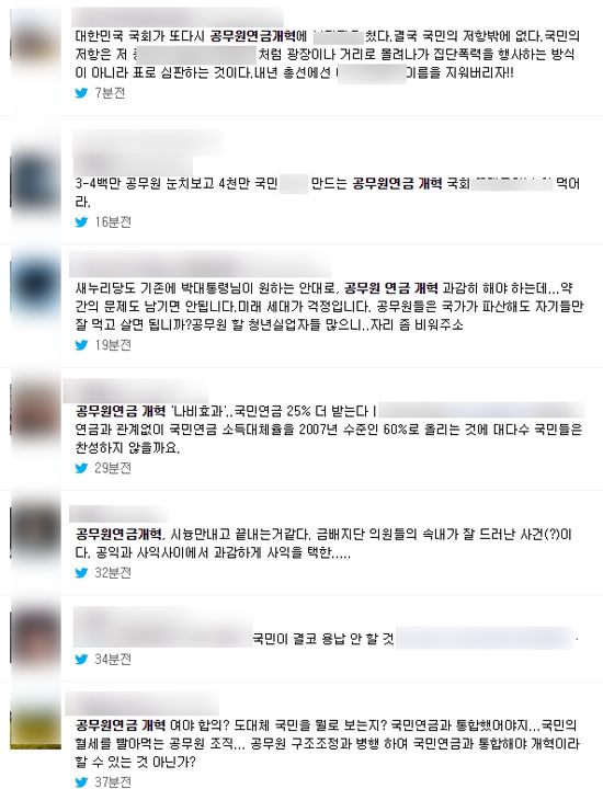 목소리 높이는 누리꾼들 여야가 최종 합의한 공무원연금개혁안에 대한 누리꾼들의 반응. /트위터 갈무리