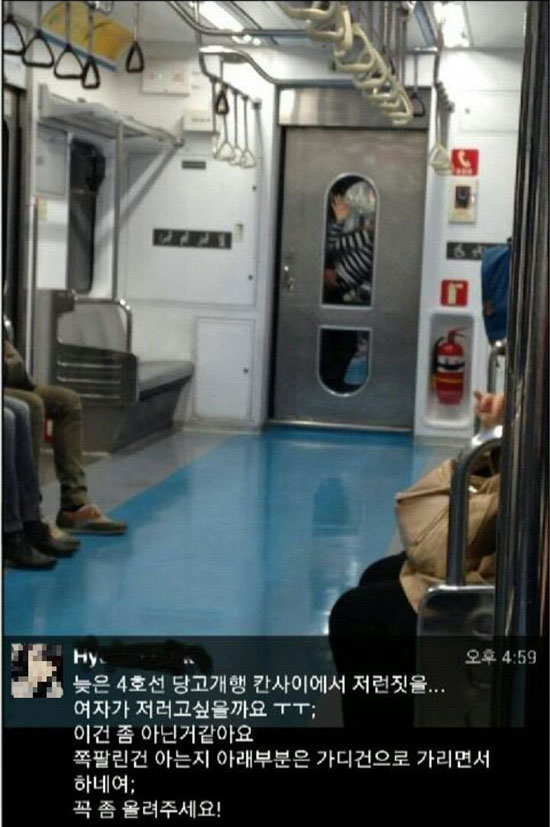 지하철 4호선 객실 사이서... 지하철 4호선에서 성행위를 하는 남녀의 모습이 담긴 사진이 충격을 주고 있다. /온라인 커뮤니티