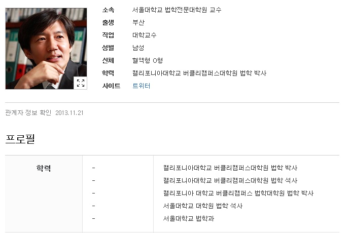 조국 학력 대박! 조국 학력이 새삼 화제가 되고 있다. / 네이버 프로필 화면 캡처
