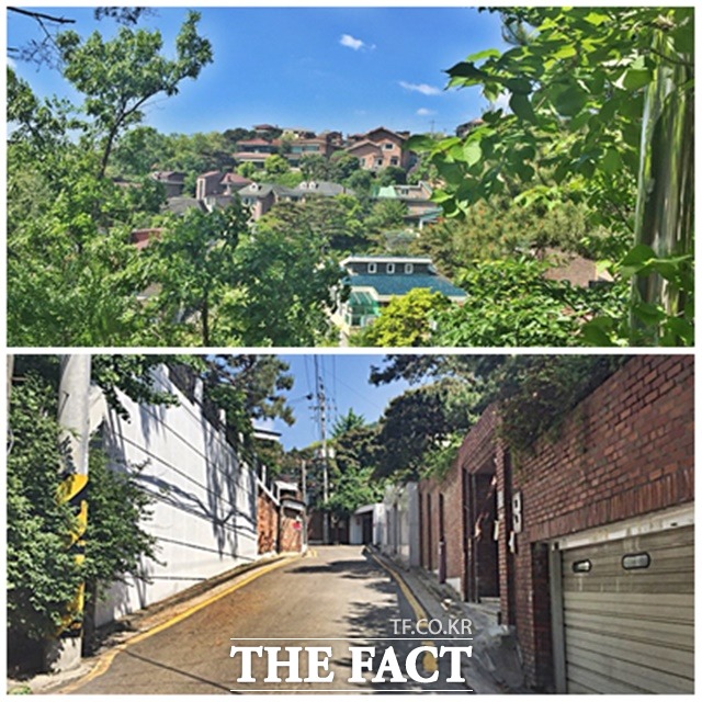 높은 지대에서 바라본 평창동 일대와 내부 골목. 평창동에 거주하는 한국풍수지리협회장은 평창동은 대동여지도에 김정호가 표시해 놨을 만큼 명당이라고 설명했다./평창동=서민지 기자