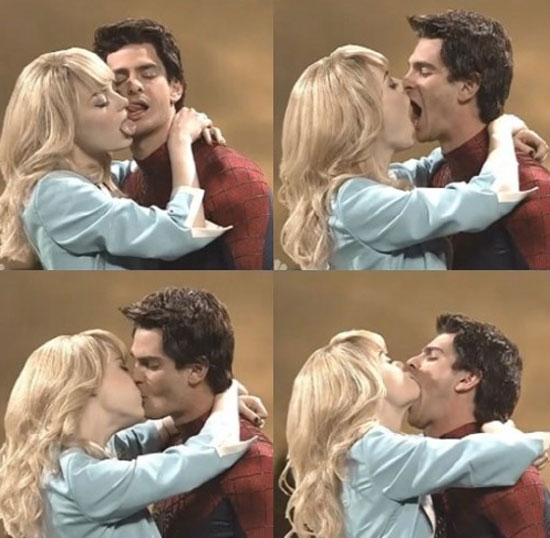 엠마 스톤의 키스. 할리우드 커플 엠마 스톤과 앤드류 가필드가 다정한 모습으로 등장해 결별설을 무색하게 만들었다. /NBC SNL 방송화면