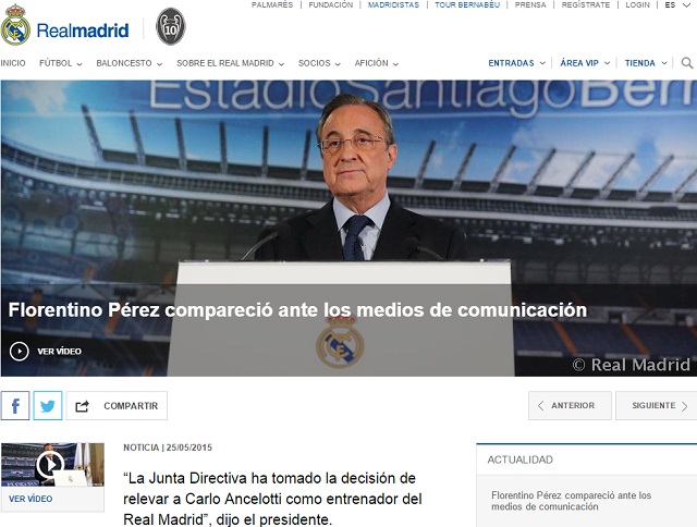 굿바이 안첼로티 페레스 레알 회장이 26일 기자회견을 열고 안첼로티 감독 경질을 발표했다. / 레알 마드리드 홈페이지 캡처