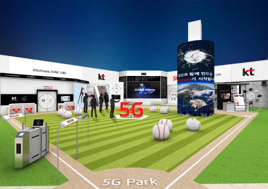 KT는 ▲출입솔루션 ▲차세대 통신(5G) ▲사물인터넷(IoT) ▲GiGAtopia 총 4개의 존으로 전시관을 구성한다. 특히 올해는 KT위즈가 프로야구의 1군 리그에 진입한 첫 해인만큼 야구장 컨셉으로 부스를 단장했다./ KT제공