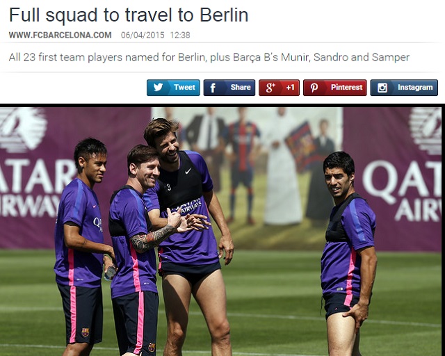 전원 베를린행! 바르셀로나가 4일 UEFA 챔피언스리그에 등록된 선수 전원이 베를린에 도착했다고 밝혔다. / 바르셀로나 홈페이지 캡처