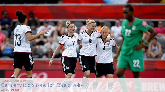 10골 폭발! 독일이 8일 열린 2015 캐나다 FIFA 여자 월드컵 조별리그 B조 1차전에서 코트디부아르를 10-0으로 크게 이겼다. / FIFA 홈페이지 캡처