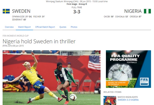 장군멍군 스웨덴이 9일 캐나다 위니펙 스타디움에서 열린 대회 2015 국제축구연맹(FIFA) 캐나다 여자 월드컵 조별리그 D조 1차전 나이지리아와 경기에서 3-3으로 비겼다. / FIFA 홈페이지 캡처