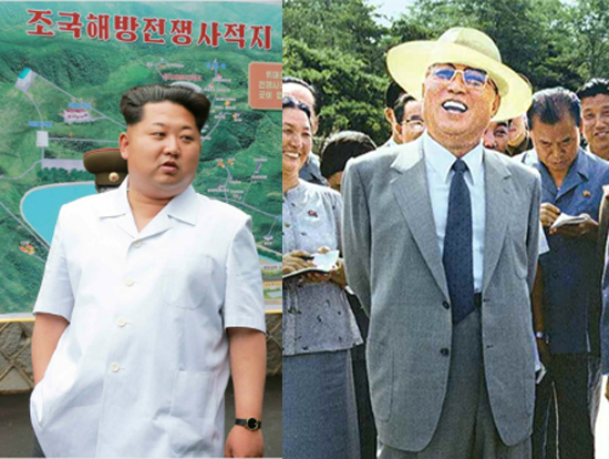 김정은 김일성 따라잡기. 김정은(왼쪽)이 김일성과 닮은 외모로 공식석상에 모습을 드러냈다. / 조선중앙통신(왼쪽), 로동신문