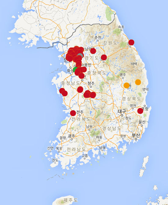 옥천 메르스 환자 사망. 옥천 메르스 확진 환자가 사망한 가운데 메르스 지도에 빨간점이 전국 각지에서 보이고 있다. /메르스 지도(www.mersmap.com) 캡처