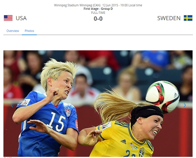 헛심 공방 미국이 13일 위니펙 스타디움에서 열린 2015 FIFA 캐나다 여자 월드컵 조별리그 D조 2차전 스웨덴과 경기에서 0-0 무승부를 기록했다. / FIFA 홈페이지 캡처
